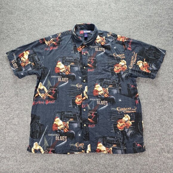 Reel Legends Shirt Mens 2XL Button Up Short‎ Sleeve Christmas Blues Rockin Santa - Picture 1 of 7